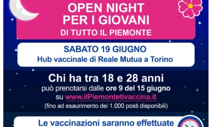 Vaccini, Piemonte: il 19 giugno, open night per la fascia 18-28