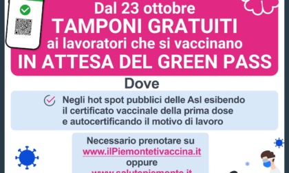 Piemonte: tampone gratis per lavoratori in attesa di green pass da sabato 23 ottobre