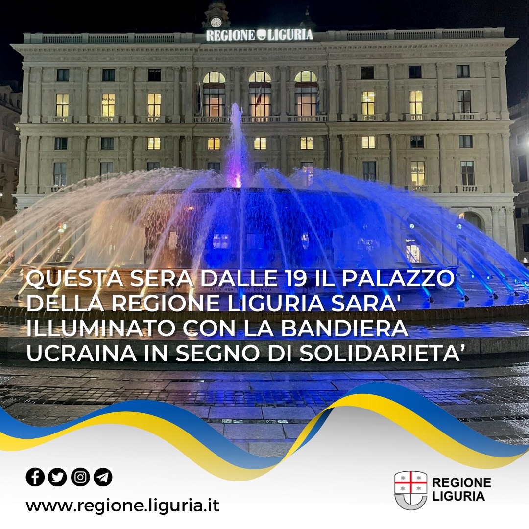 Genova: Palazzo della Regione Liguria illuminato con la bandiera ucraina in segno di solidarietà