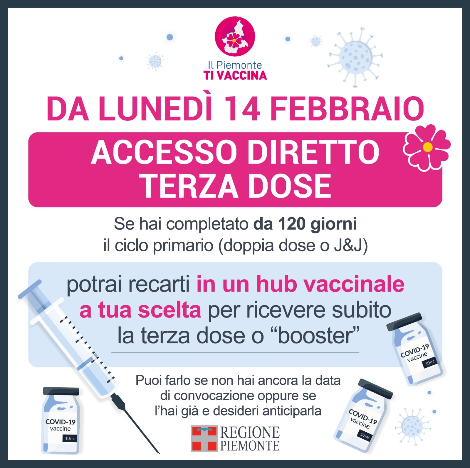 Lunedì 14 febbraio, accesso diretto per la terza dose in Piemonte