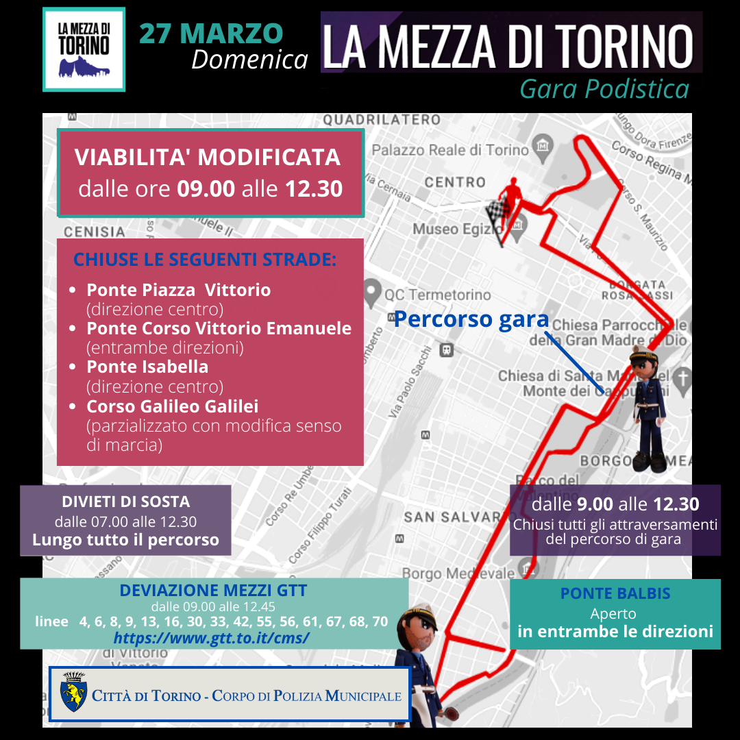 Torino: il 27 marzo modifiche viabili nella zona est per la gara podistica "La Mezza di Torino"