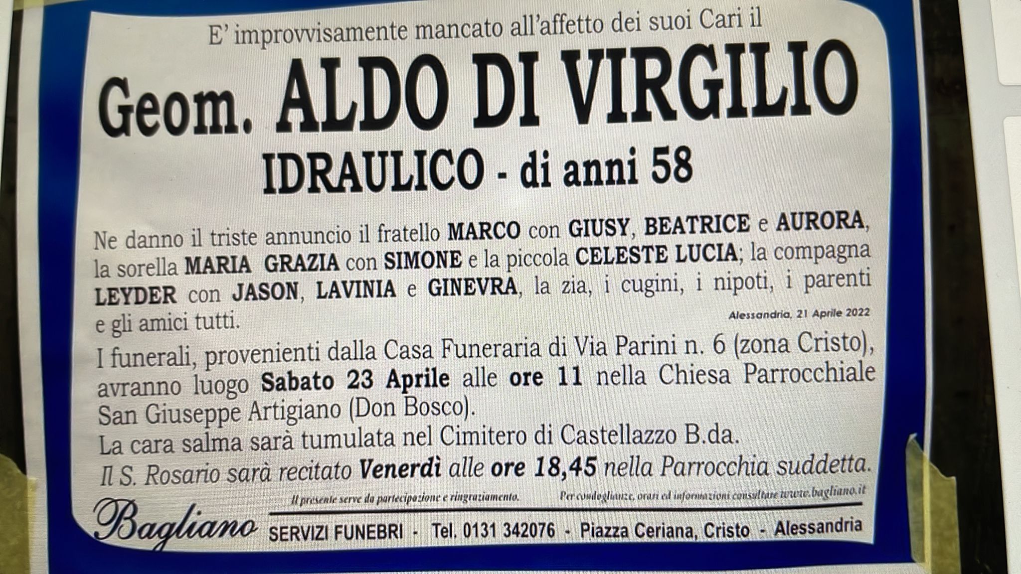 Aldo Di Virgilio, sabato 23 aprile i funerali