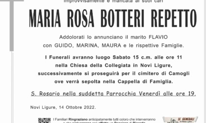 Novi Ligure: addio a Maria Rosa Botteri, moglie del cavaliere Flavio Repetto